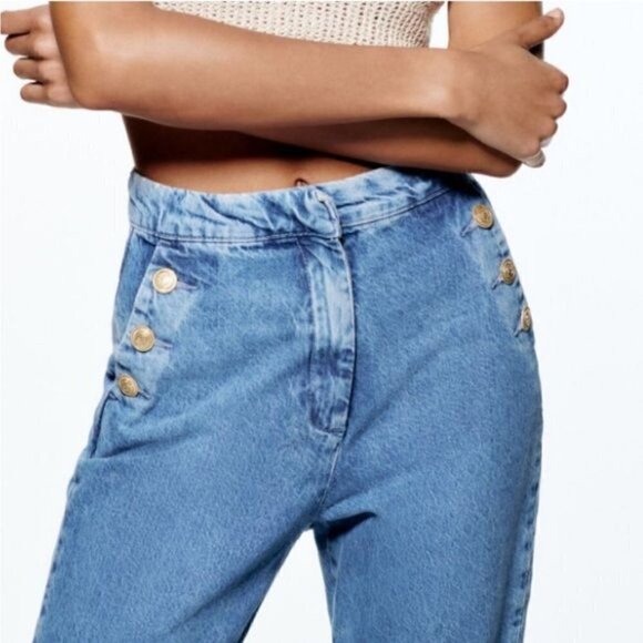 Zara High Rise Sailor Button Slant Pocket Jeans Vintage Wash Straight Leg Sz S - Picture 14 of 14
